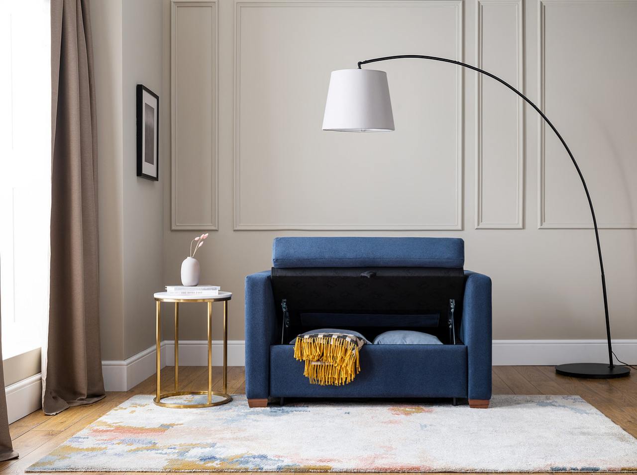 blue chair with the storage open